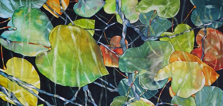 Artwork of lily pads under water with vivid colors