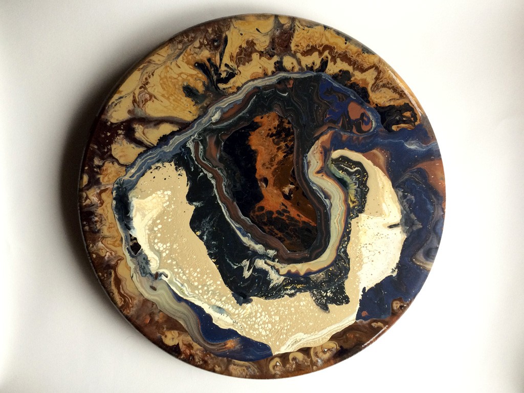 1. Atmosphere [2], acrylic and polymer coating on spruce, 18” diameter, 2015