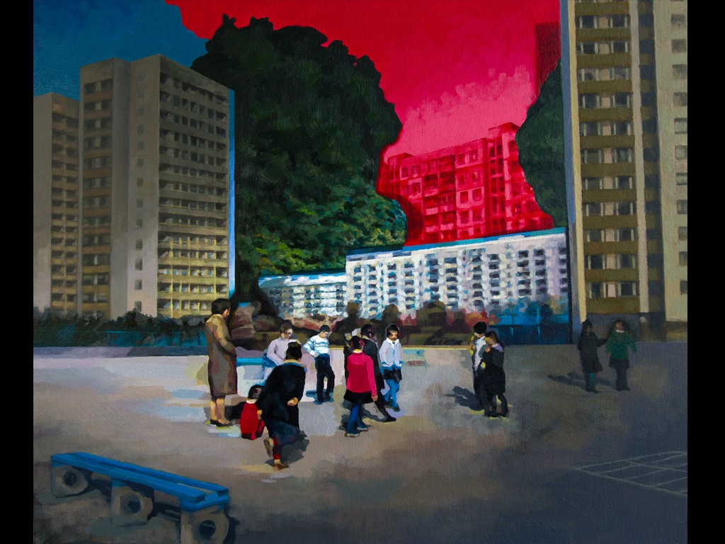 Artwork of urban setting with red sky