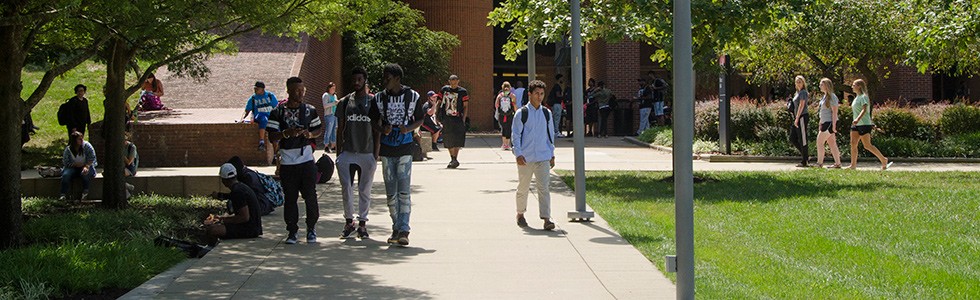 Students walking outside on the UC Blue Ash campus
